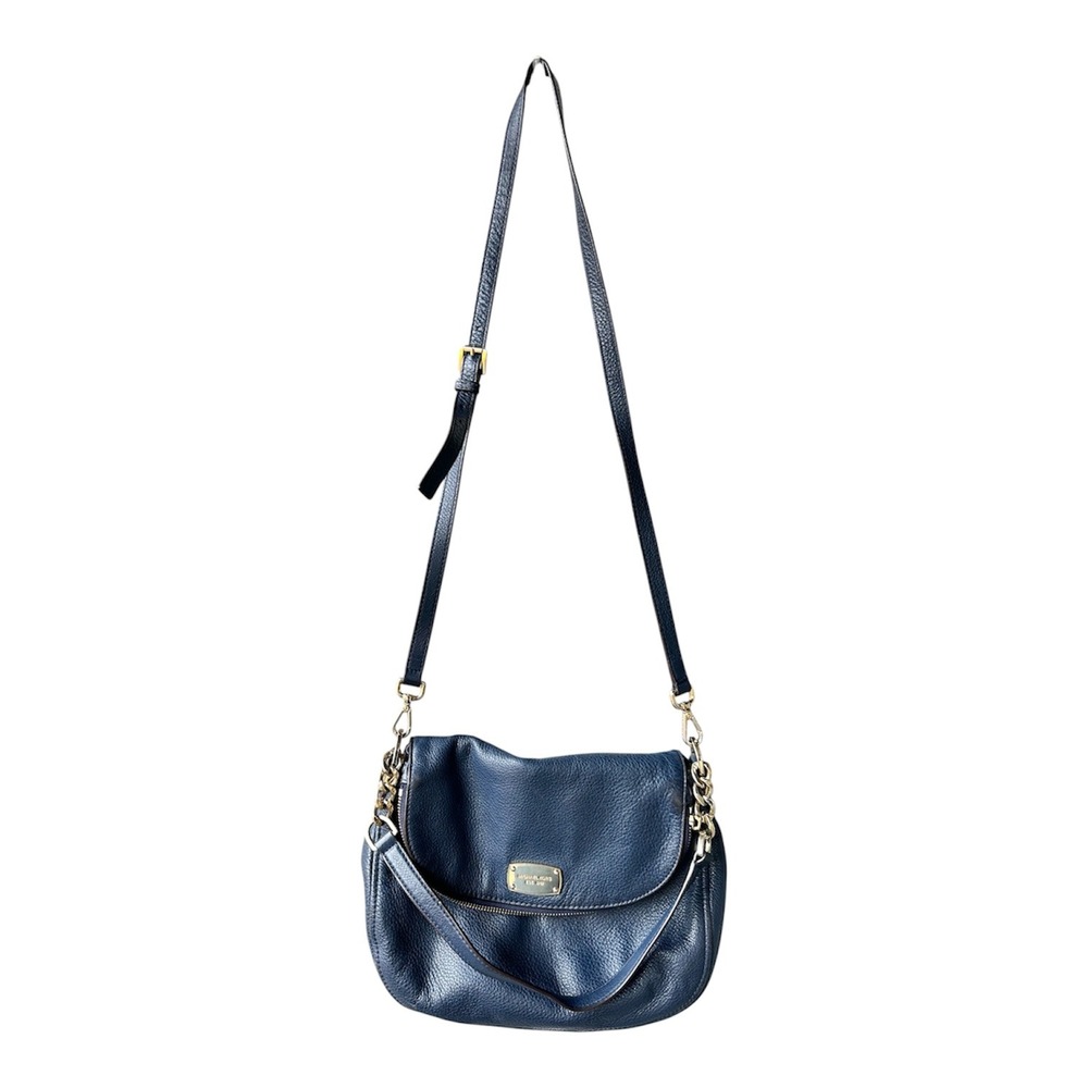 Michael Kors Purse Shoulder Bag Crossbody Bedford Blue Pebbled Leather Flap Gold